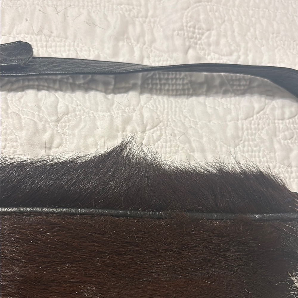 Dark brown and cream cowhide &leather bag upcycled patch & turquoise studs. - Picture 9 of 14